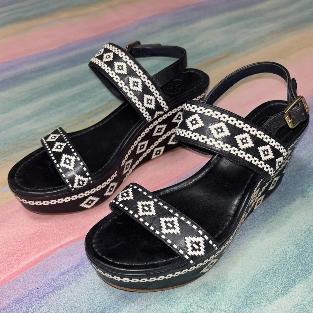 Tory Burch Reena Wedge Platform Sandal Size 10.5 Aztec Design